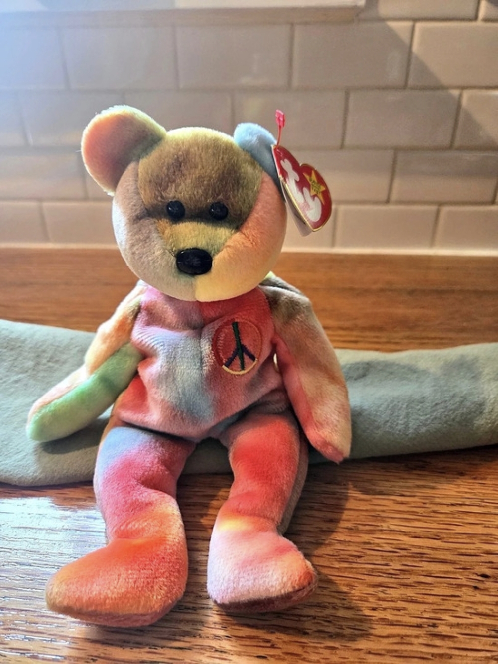 Ty Peace the Bear Beanie Baby Plush Pink & Green